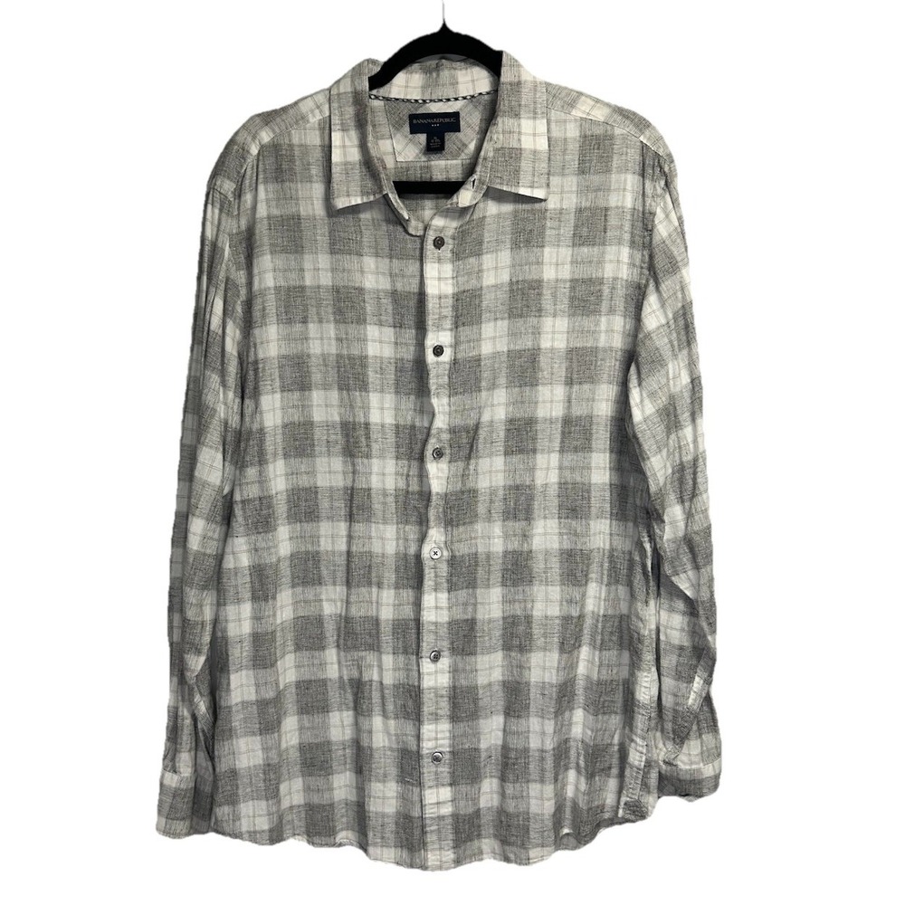 Banana Republic Shirt Men's XL Button Up White Plaid Linen Cotton Lightweight‎